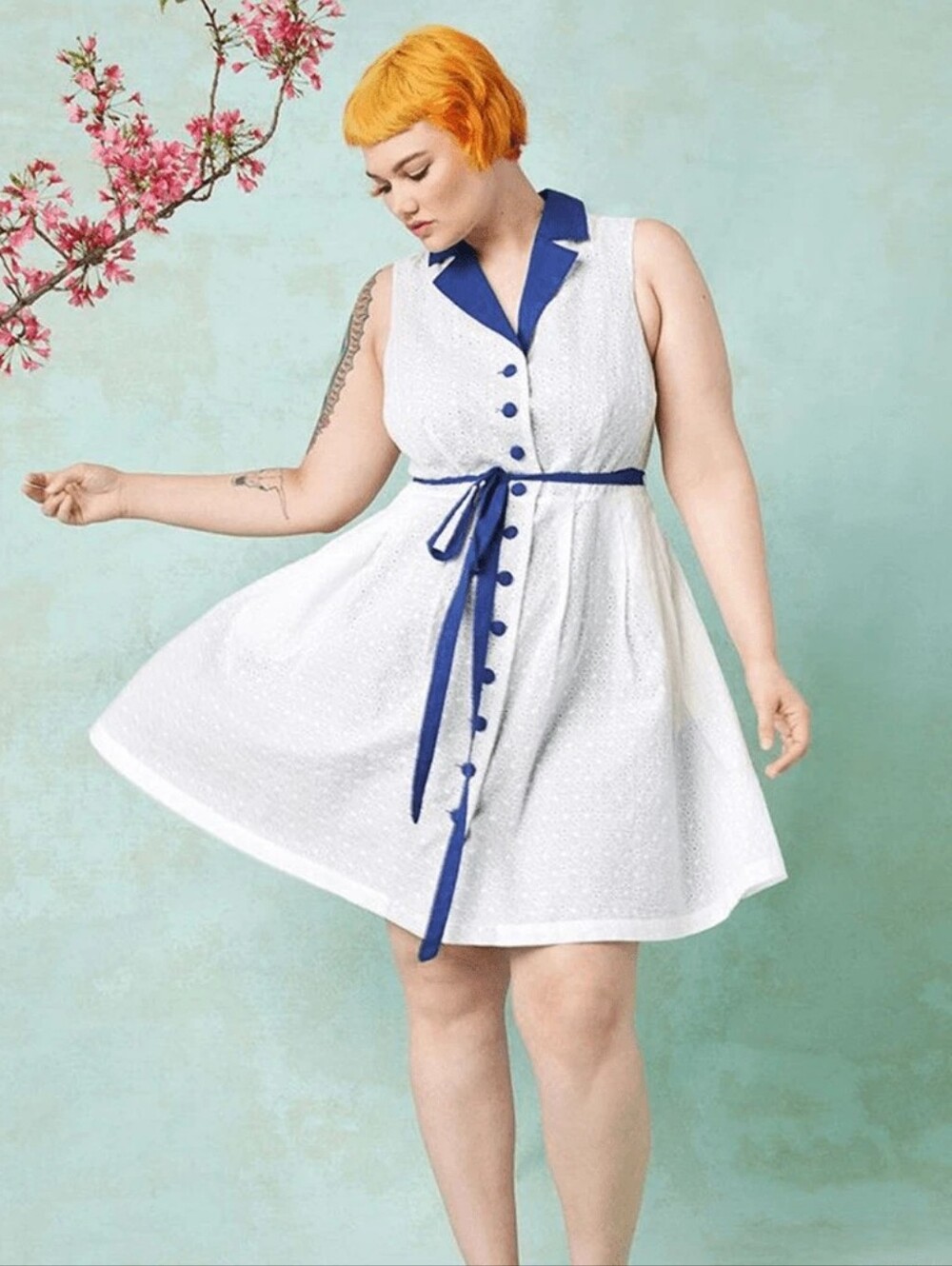 Modcloth White Eyelet Mini Dress with Navy Collar